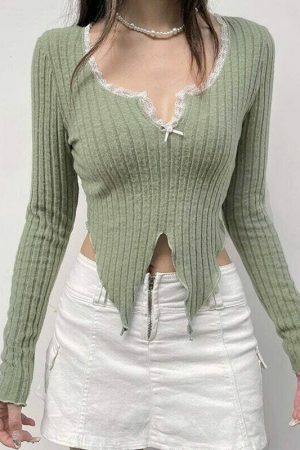 Sage Green Y2K Cropped Ribbed Top with Lace Detail & Slit