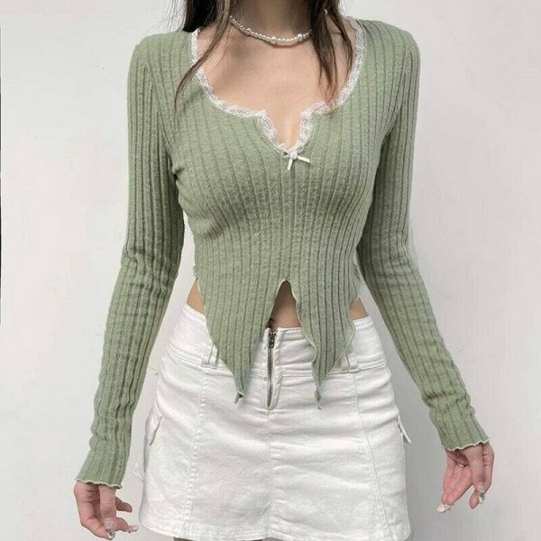 Sage Green Y2K Cropped Ribbed Top with Lace Detail & Slit