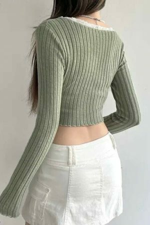 Sage Green Y2K Cropped Ribbed Top with Lace Detail & Slit