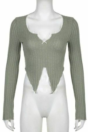 Sage Green Y2K Cropped Ribbed Top with Lace Detail & Slit