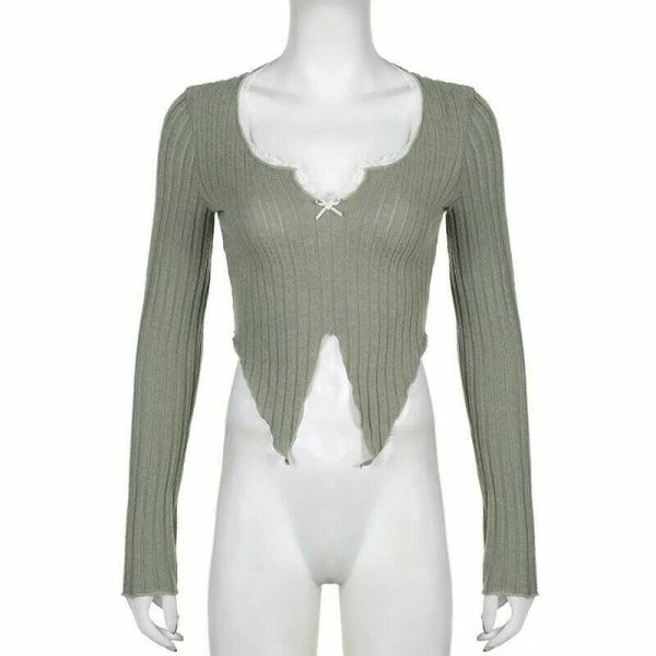 Sage Green Y2K Cropped Ribbed Top with Lace Detail & Slit