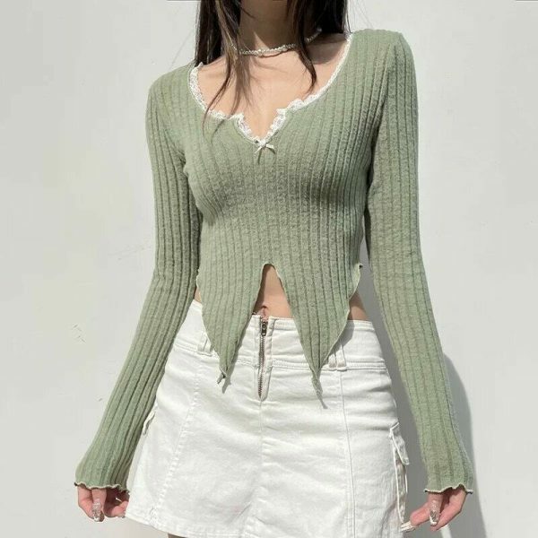 Sage Green Y2K Cropped Ribbed Top with Lace Detail & Slit