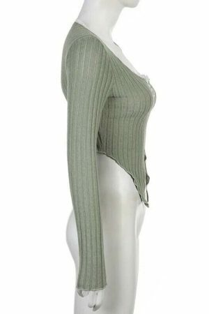 Sage Green Y2K Cropped Ribbed Top with Lace Detail & Slit