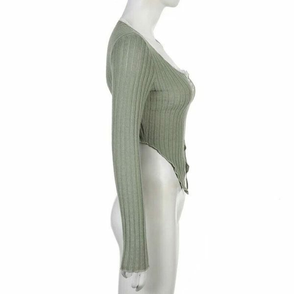 Sage Green Y2K Cropped Ribbed Top with Lace Detail & Slit