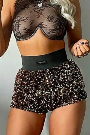 Sequined Glitter High Waist Mini Shorts: Y2K Streetwear Sparkling Fashion Statement