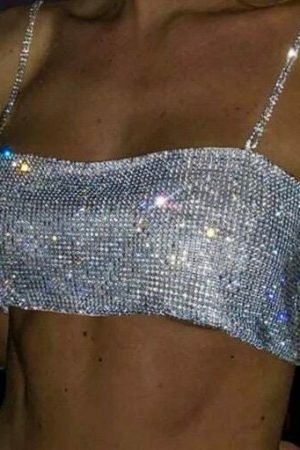 Shiny Crystal Chain Tank Top: Glitter Metal Mesh Halter with Metallic Strap - Y2K Streetwear Fashion