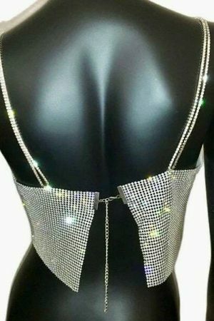 Shiny Crystal Chain Tank Top: Glitter Metal Mesh Halter with Metallic Strap - Y2K Streetwear Fashion