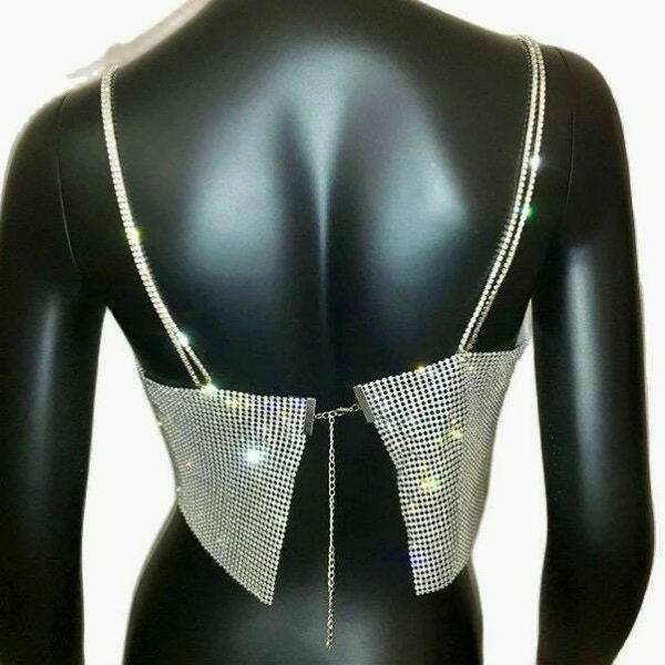 Shiny Crystal Chain Tank Top: Glitter Metal Mesh Halter with Metallic Strap - Y2K Streetwear Fashion