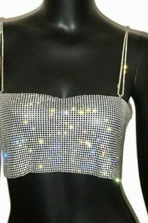 Shiny Crystal Chain Tank Top: Glitter Metal Mesh Halter with Metallic Strap - Y2K Streetwear Fashion