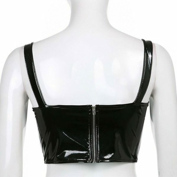 Shiny Leather Buckle Corset Crop Top | Y2K Streetwear Aesthetic