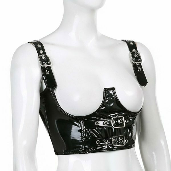 Shiny Leather Buckle Corset Crop Top | Y2K Streetwear Aesthetic