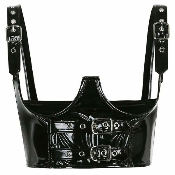 Shiny Leather Buckle Corset Crop Top | Y2K Streetwear Aesthetic