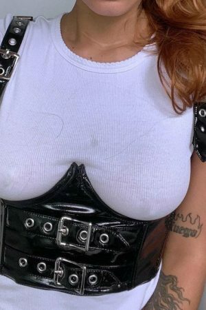 Shiny Leather Buckle Corset Crop Top | Y2K Streetwear Aesthetic