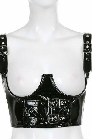 Shiny Leather Buckle Corset Crop Top | Y2K Streetwear Aesthetic