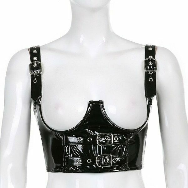 Shiny Leather Buckle Corset Crop Top | Y2K Streetwear Aesthetic