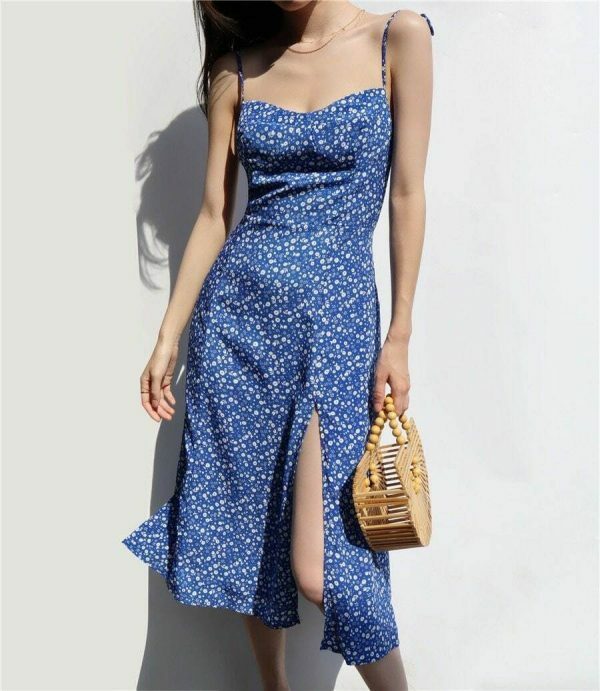 Sky Blue Floral Midi Dress - Y2K Streetwear Aesthetic - Harajuku French Retro - Versatile Side Split