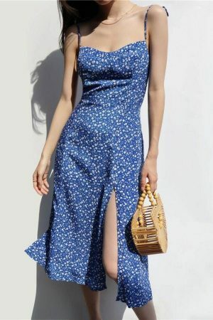 Sky Blue Floral Midi Dress - Y2K Streetwear Aesthetic