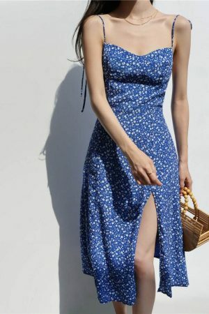 Sky Blue Floral Midi Dress - Y2K Streetwear Aesthetic