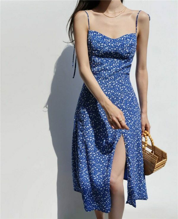 Sky Blue Floral Midi Dress - Y2K Streetwear Aesthetic