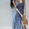 Sky Blue Floral Midi Dress with White Flowers and Side Split - Y2K Streetwear Aesthetic