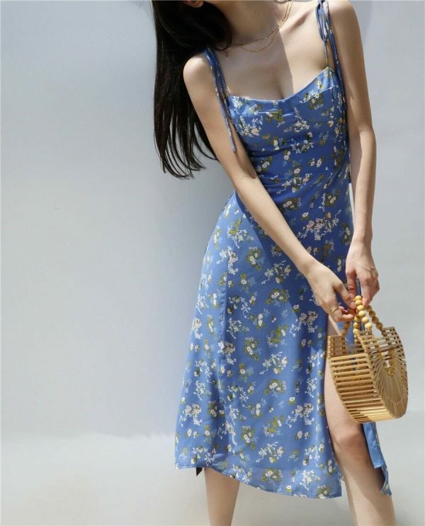 Sky Blue Floral Midi Dress with White Flowers and Side Split - Y2K Streetwear Aesthetic