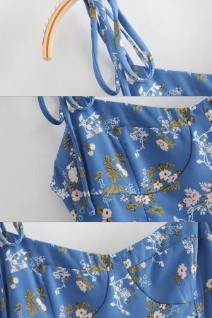 Sky Blue Floral Midi Dress with White Flowers and Side Split - Y2K Streetwear Aesthetic