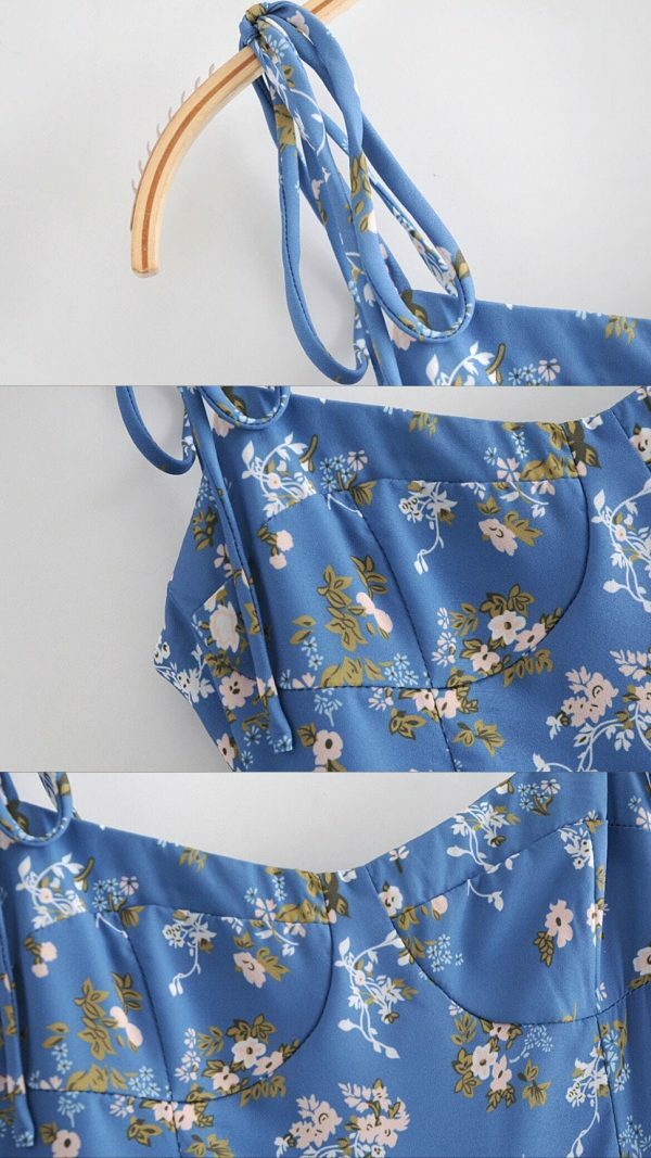 Sky Blue Floral Midi Dress with White Flowers and Side Split - Y2K Streetwear Aesthetic