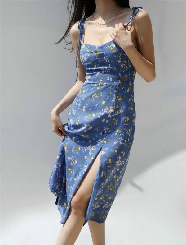 Sky Blue Floral Midi Dress with White Flowers and Side Split - Y2K Streetwear Aesthetic