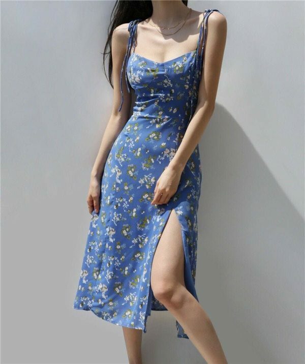 Sky Blue Floral Midi Dress with White Flowers and Side Split - Y2K Streetwear Aesthetic