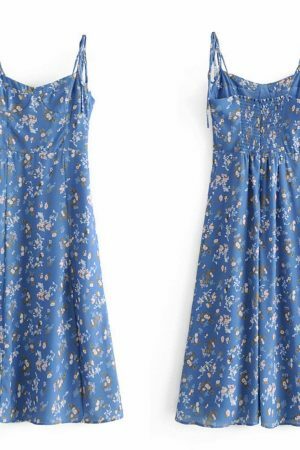 Sky Blue Floral Midi Dress with White Flowers and Side Split - Y2K Streetwear Aesthetic