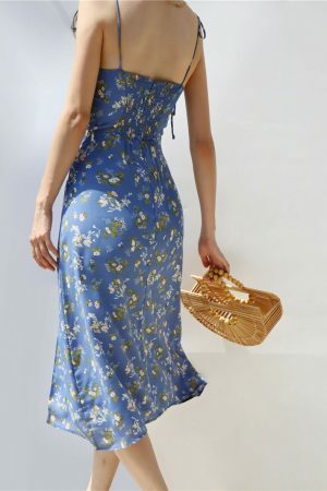 Sky Blue Floral Midi Dress with White Flowers and Side Split - Y2K Streetwear Aesthetic