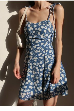 Sky Blue Floral Mini Strap Dress - Y2K Aesthetic Streetwear Fashion