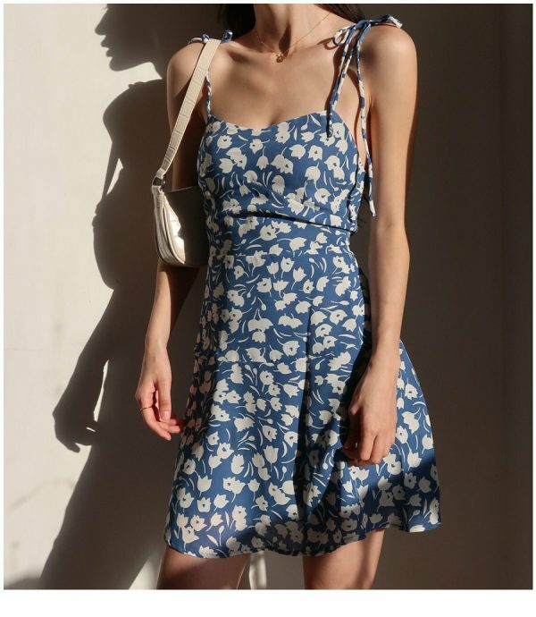 Sky Blue Floral Mini Strap Dress - Y2K Aesthetic Streetwear Fashion