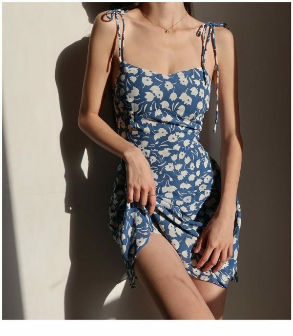 Sky Blue Floral Mini Strap Dress - Y2K Aesthetic Streetwear Fashion