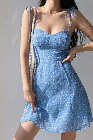 Sky Blue Floral Mini Strap Dress - Y2K Aesthetic Streetwear Fashion