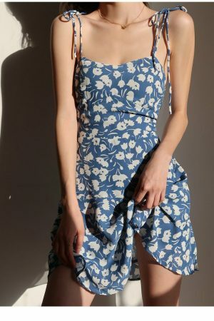 Sky Blue Floral Mini Strap Dress - Y2K Aesthetic Streetwear Fashion