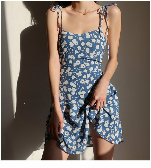 Sky Blue Floral Mini Strap Dress - Y2K Aesthetic Streetwear Fashion