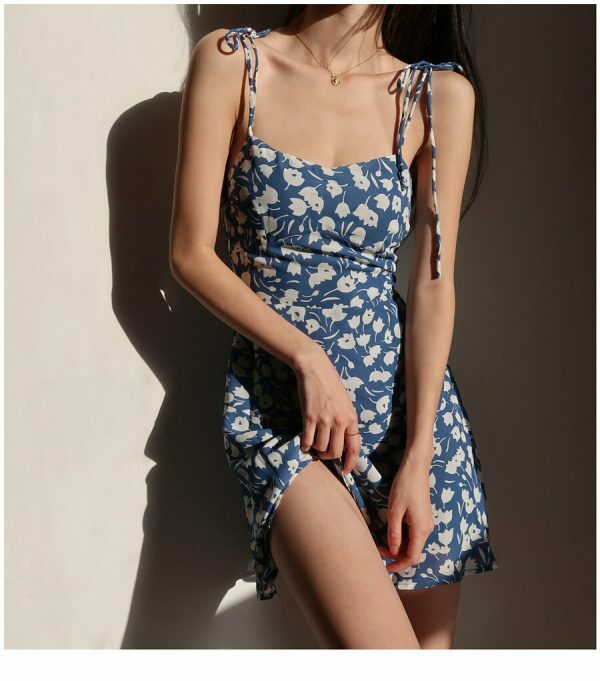 Sky Blue Floral Mini Strap Dress - Y2K Aesthetic Streetwear Fashion