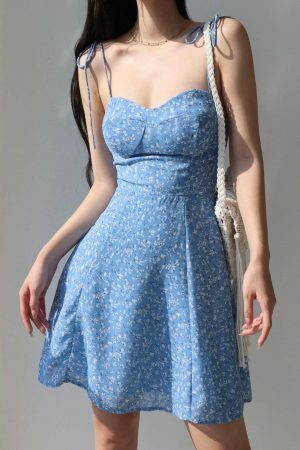 Sky Blue Floral Mini Strap Dress - Y2K Aesthetic Streetwear Fashion