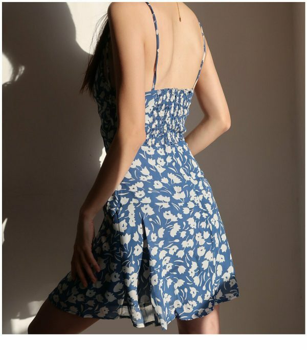 Sky Blue Floral Mini Strap Dress - Y2K Aesthetic Streetwear Fashion