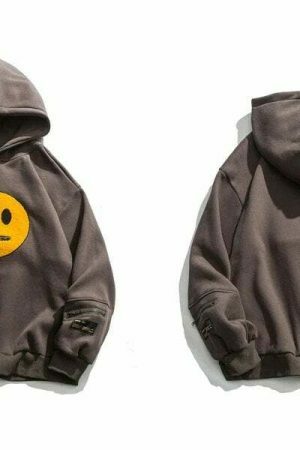 Smile Face Patchwork Fleece Streetwear Sweatshirt, Hip Hop Embroidered Hoodie