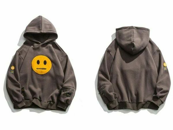 Smile Face Patchwork Fleece Streetwear Sweatshirt, Hip Hop Embroidered Hoodie