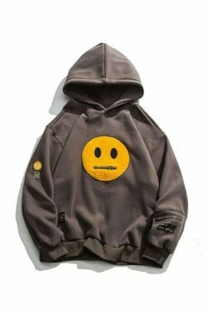 Smile Face Patchwork Fleece Streetwear Sweatshirt, Hip Hop Embroidered Hoodie