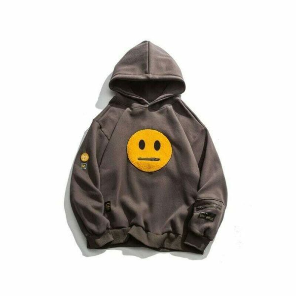 Smile Face Patchwork Fleece Streetwear Sweatshirt, Hip Hop Embroidered Hoodie