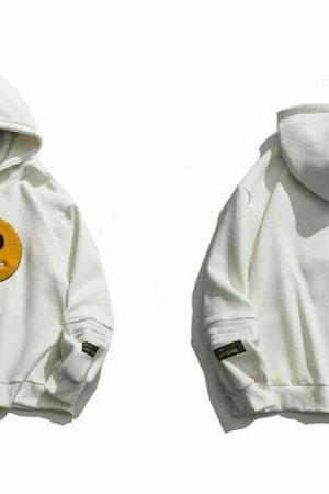 Smile Face Patchwork Fleece Streetwear Sweatshirt, Hip Hop Embroidered Hoodie