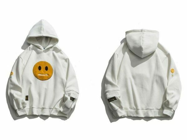 Smile Face Patchwork Fleece Streetwear Sweatshirt, Hip Hop Embroidered Hoodie