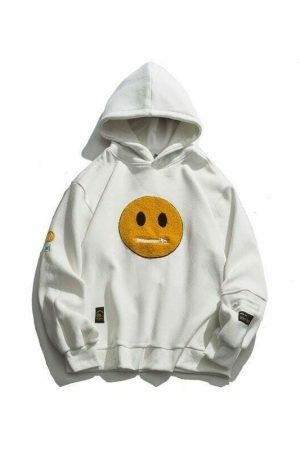 Smile Face Patchwork Fleece Streetwear Sweatshirt, Hip Hop Embroidered Hoodie