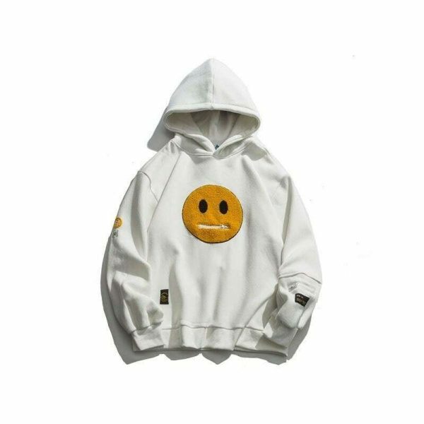 Smile Face Patchwork Fleece Streetwear Sweatshirt, Hip Hop Embroidered Hoodie