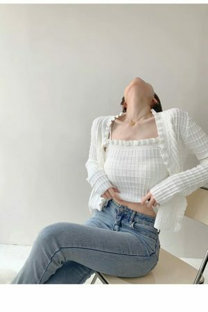 Soft Knit Crop Cardigan Set with Cami Top - Y2K Streetwear Aesthetic