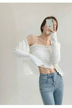 Soft Knit Crop Cardigan Set with Cami Top - Y2K Streetwear Aesthetic